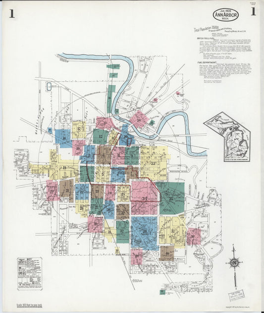 Sanborn Fire Insurance Map from Ann Arbor, Washtenaw County, Michigan (1925), Sheet #0001 - Historic Sanborn Fire Insurance Map Print, vintage old map wall art, antique decor, genealogy gift, Michigan Michigan map