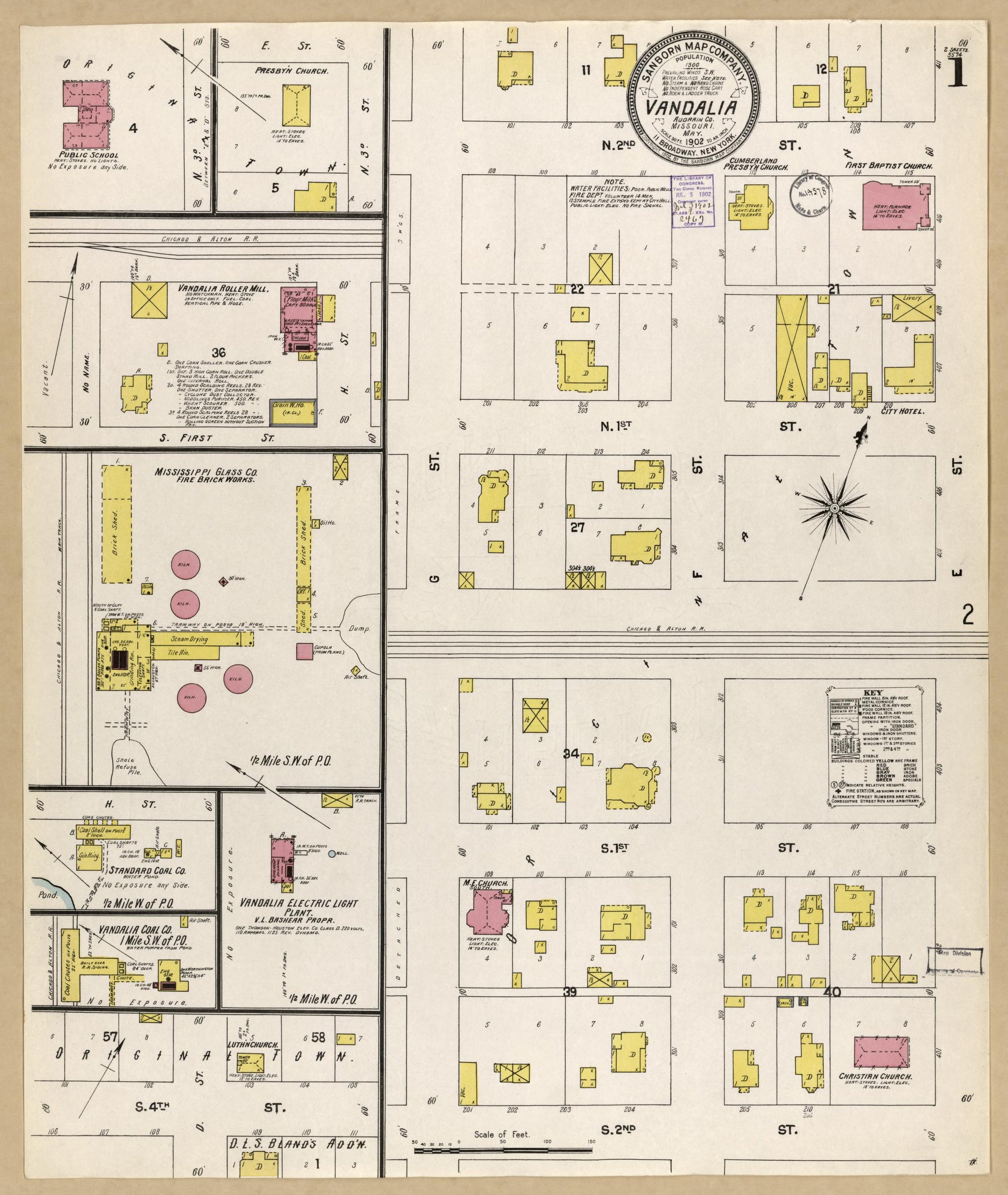 Sanborn Fire Insurance Map from Vandalia, Audrain County, Missouri (1902), Sheet #0001 - Historic Sanborn Fire Insurance Map Print, vintage old map wall art, antique decor, genealogy gift, Missouri Missouri map