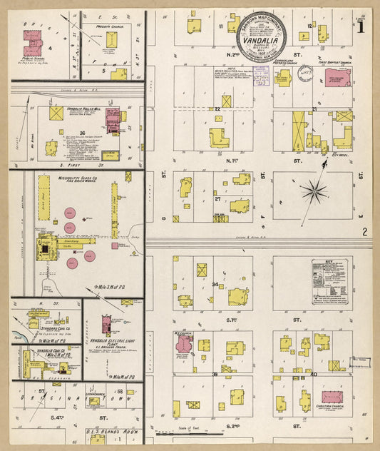 Sanborn Fire Insurance Map from Vandalia, Audrain County, Missouri (1902), Sheet #0001 - Historic Sanborn Fire Insurance Map Print, vintage old map wall art, antique decor, genealogy gift, Missouri Missouri map