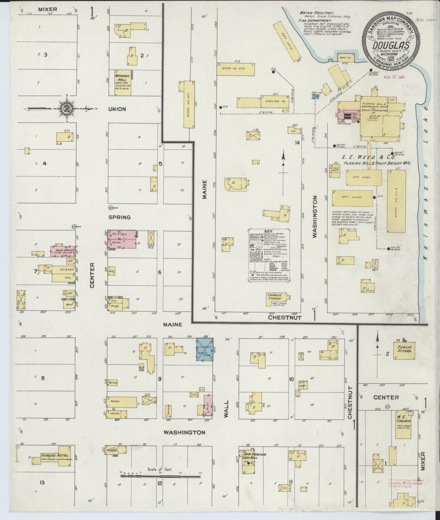 Sanborn Fire Insurance Map from Douglas, Allegan County, Michigan (1910), Sheet #0001 - Historic Sanborn Fire Insurance Map Print, vintage old map wall art, antique decor, genealogy gift, Michigan Michigan map