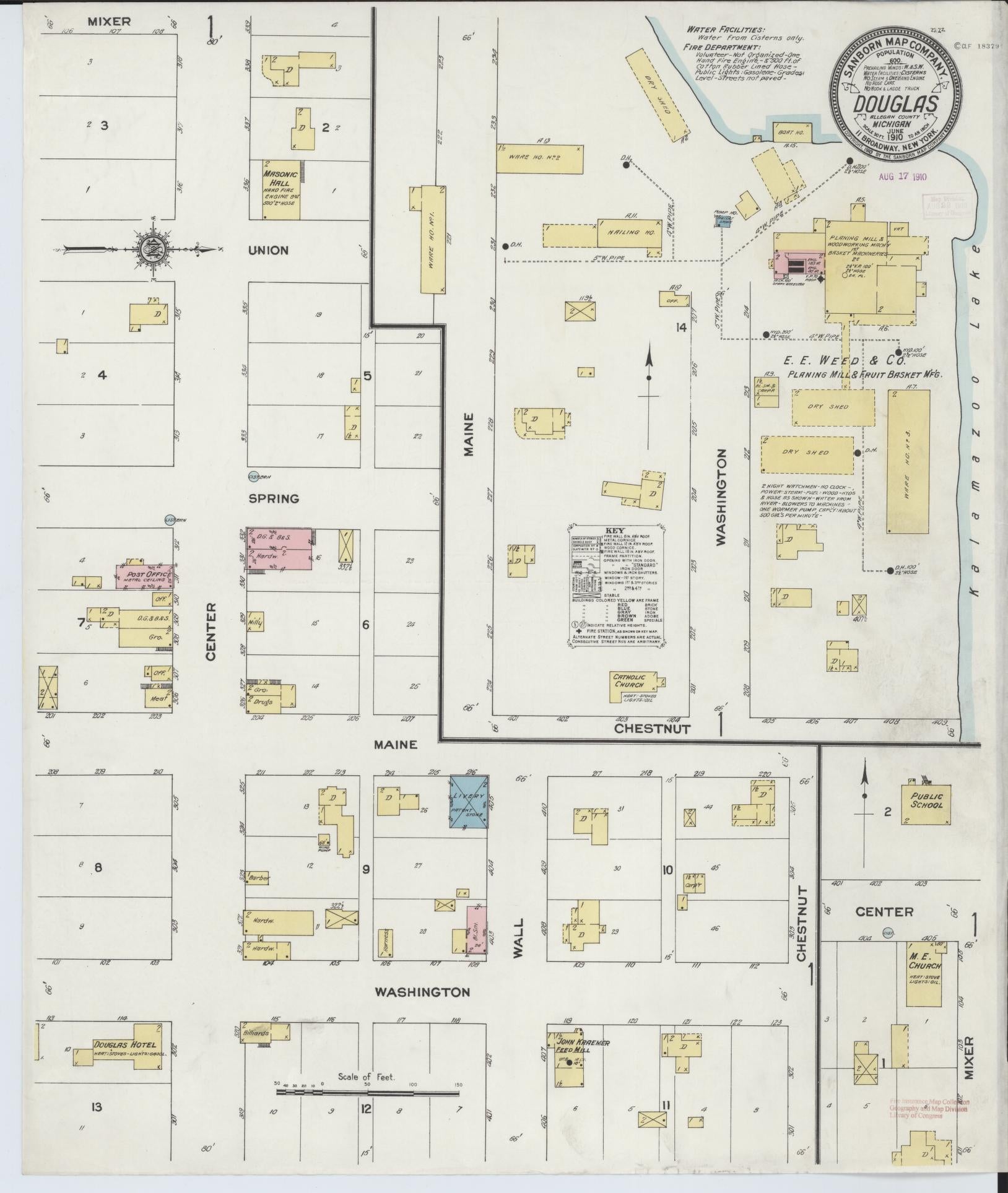 Sanborn Fire Insurance Map from Douglas, Allegan County, Michigan (1910), Sheet #0001 - Historic Sanborn Fire Insurance Map Print, vintage old map wall art, antique decor, genealogy gift, Michigan Michigan map