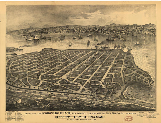 Bird's eye view of Coronado Beach, San Diego Bay and city of San Diego, Cal. in distance (1880) – Historic Bird’s-Eye View Panorama Print