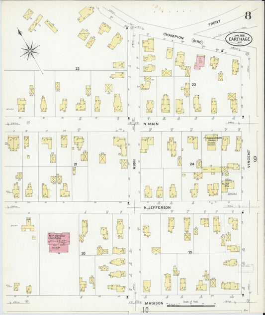 Sanborn Fire Insurance Map from Carthage, Jefferson County, New York (1908), Sheet #0008 - Historic Sanborn Fire Insurance Map Print, vintage old map wall art, antique decor, genealogy gift, New York New York map