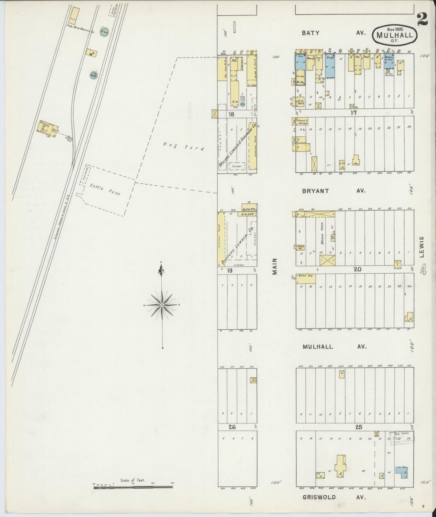 Sanborn Fire Insurance Map from Mulhall, Logan County, Oklahoma (1895), Sheet #0002 - Historic Sanborn Fire Insurance Map Print, vintage old map wall art, antique decor, genealogy gift, Oklahoma Oklahoma map