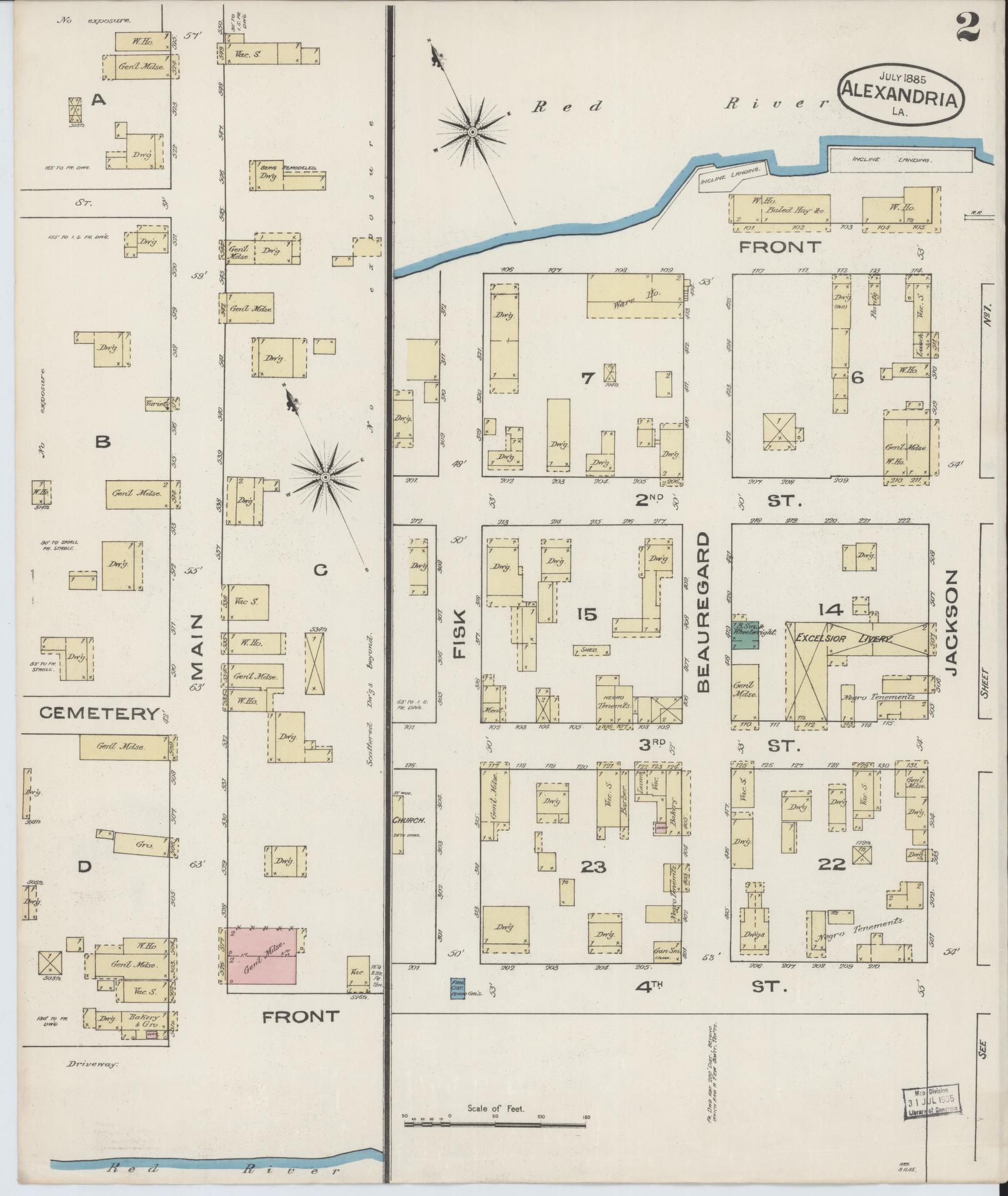 Sanborn Fire Insurance Map from Alexandria, Rapides Parish, Louisiana (1885), Sheet #0002 - Historic Sanborn Fire Insurance Map Print, vintage old map wall art, antique decor, genealogy gift, Louisiana Louisiana map