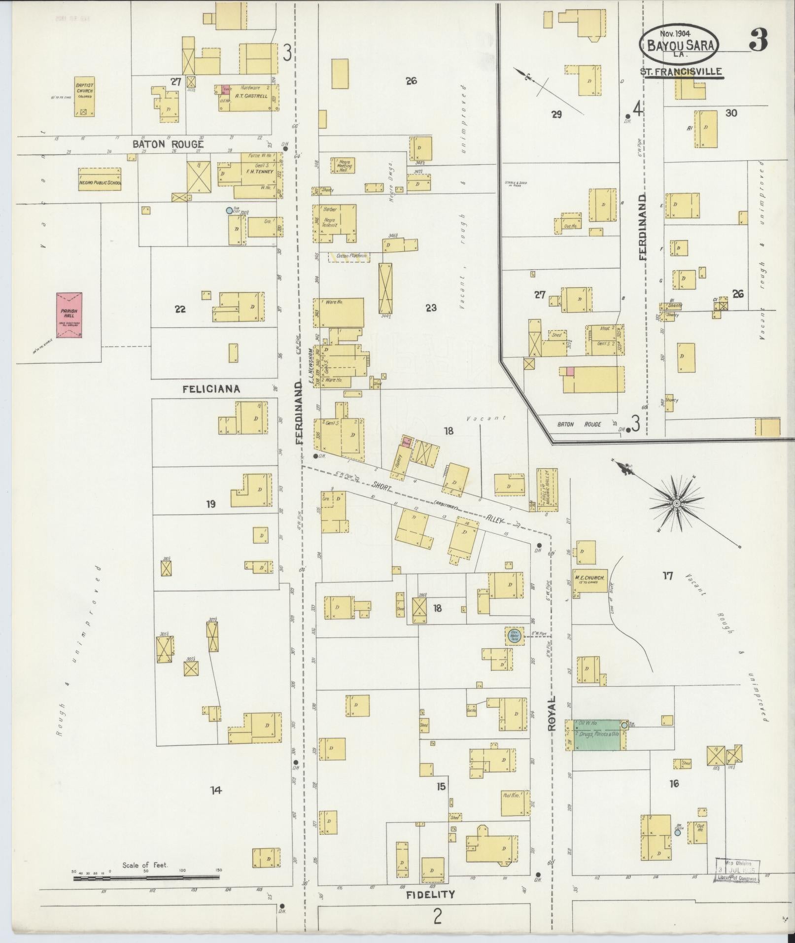 Sanborn Fire Insurance Map from Bayou Sara, West Feliciana Parish, Louisiana (1904), Sheet #0003 - Complete Map Set gallery image, historic Sanborn map, vintage wall art, Louisiana Louisiana