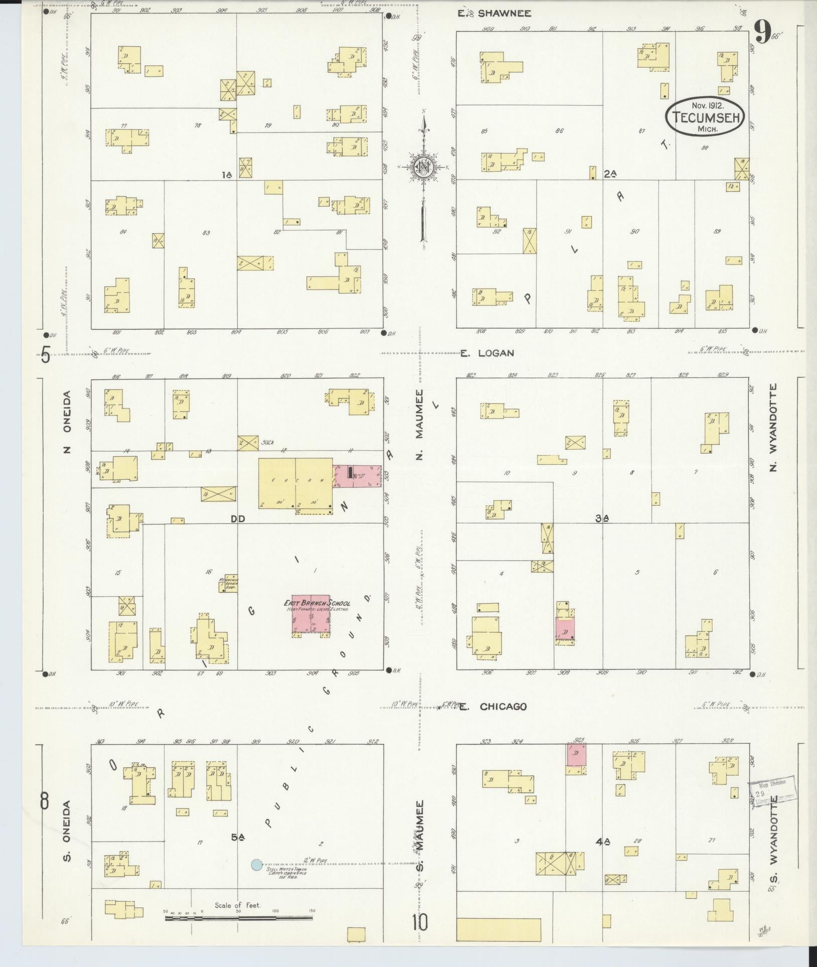 Sanborn Fire Insurance Map from Tecumseh, Lenawee County, Michigan (1912), Sheet #0009 - Historic Sanborn Fire Insurance Map Print, vintage old map wall art, antique decor, genealogy gift, Michigan Michigan map