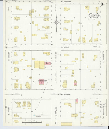 Sanborn Fire Insurance Map from Tecumseh, Lenawee County, Michigan (1912), Sheet #0009 - Historic Sanborn Fire Insurance Map Print, vintage old map wall art, antique decor, genealogy gift, Michigan Michigan map