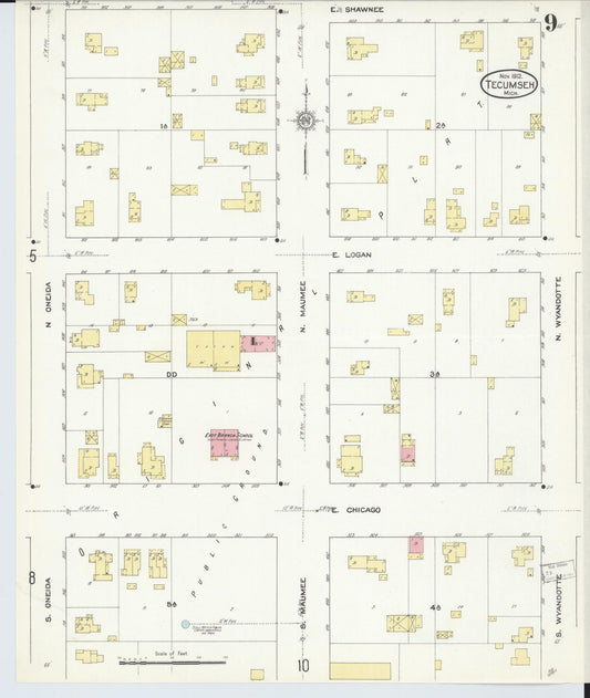 Sanborn Fire Insurance Map from Tecumseh, Lenawee County, Michigan (1912), Sheet #0009 - Historic Sanborn Fire Insurance Map Print, vintage old map wall art, antique decor, genealogy gift, Michigan Michigan map