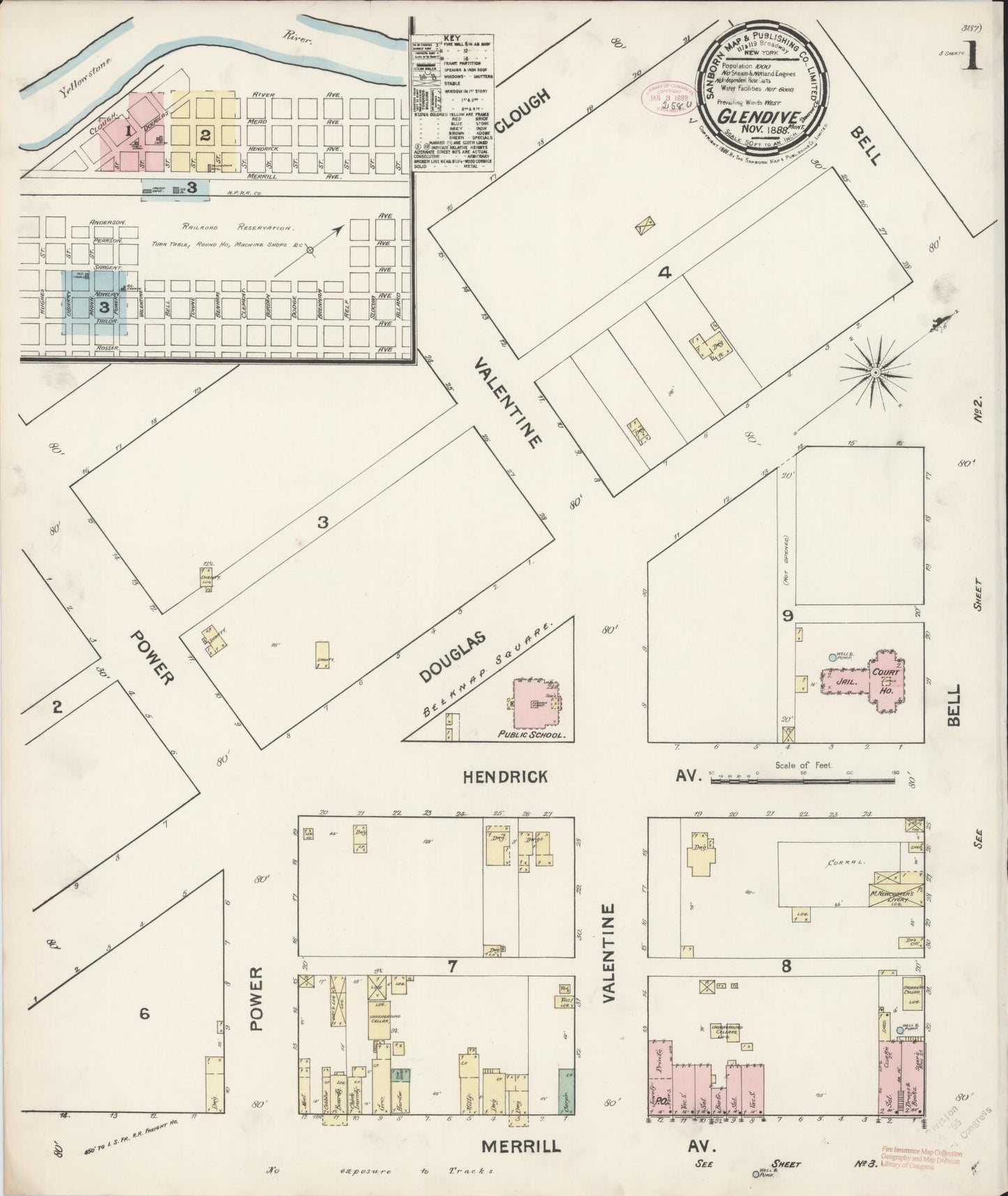 Sanborn Fire Insurance Map from Glendive, Dawson County, Montana (1888), Sheet #0001 - Complete Map Set gallery image, historic Sanborn map, vintage wall art, Montana Montana