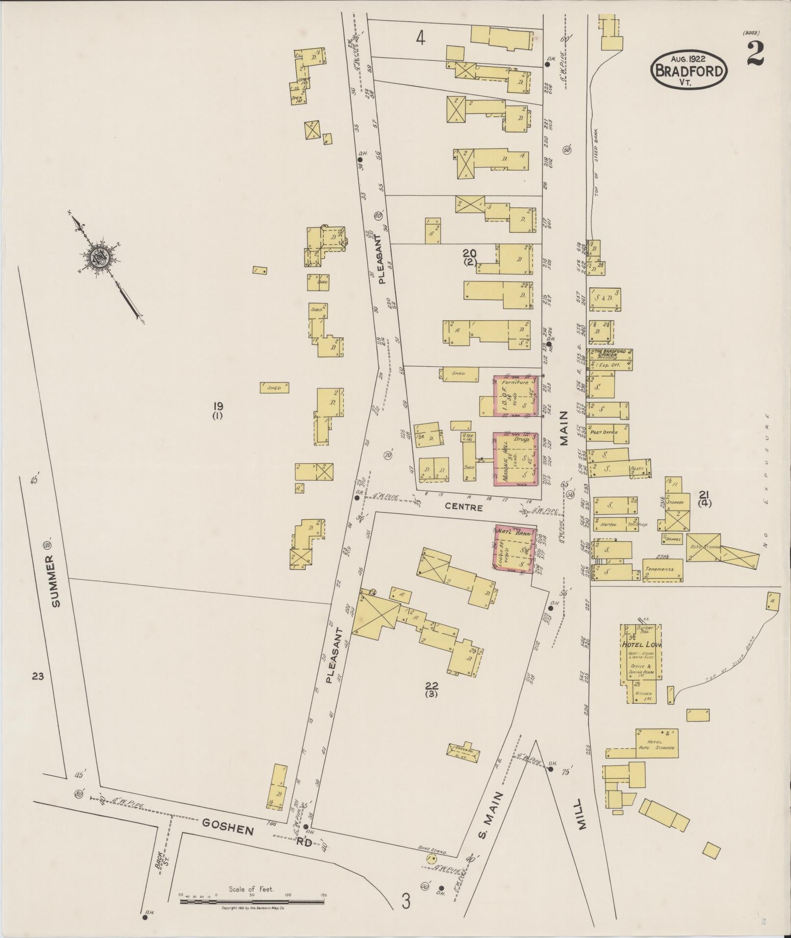 Sanborn Fire Insurance Map from Bradford, Orange County, Vermont (1922), Sheet #0002 - Historic Sanborn Fire Insurance Map Print, vintage old map wall art, antique decor, genealogy gift, Vermont Vermont map