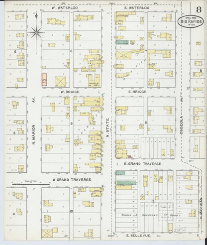 Sanborn Fire Insurance Map from Big Rapids, Mecosta County, Michigan (1892), Sheet #0008 - Historic Sanborn Fire Insurance Map Print, vintage old map wall art, antique decor, genealogy gift, Michigan Michigan map