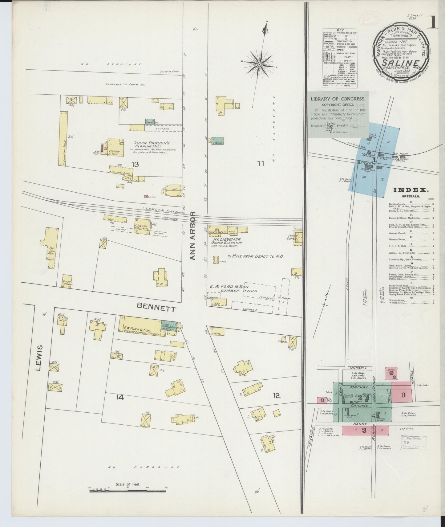 Sanborn Fire Insurance Map from Saline, Washtenaw County, Michigan (1893), Sheet #0001 - Complete Map Set gallery image, historic Sanborn map, vintage wall art, Michigan Michigan