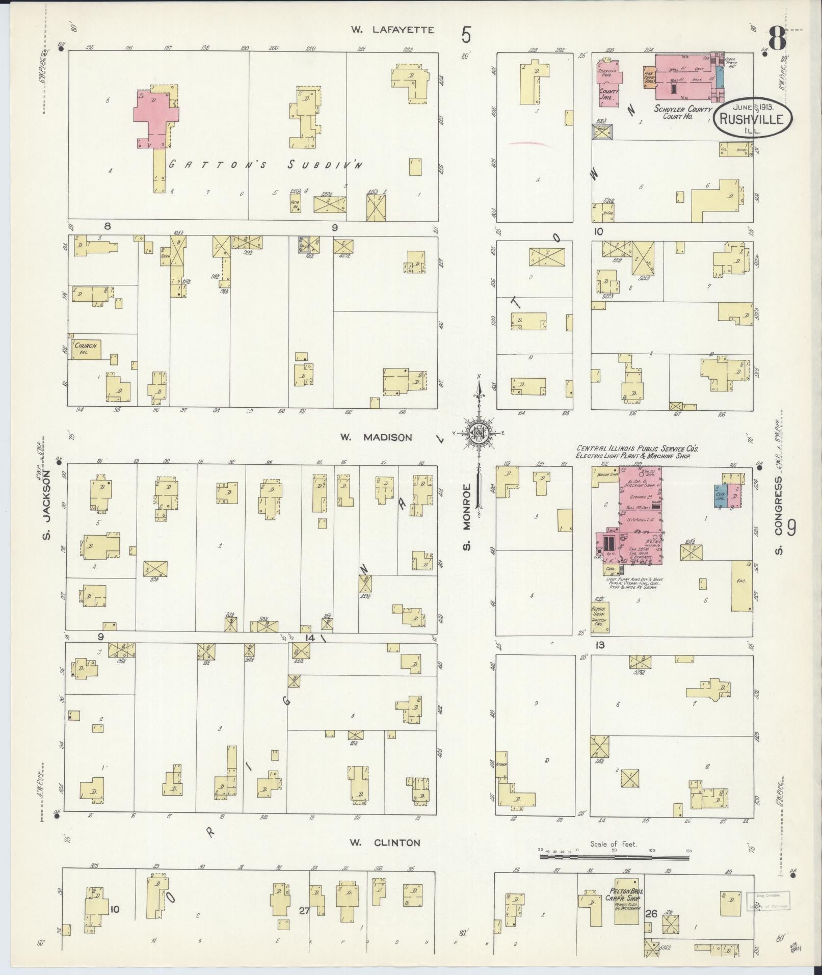 Sanborn Fire Insurance Map from Rushville, Schuyler County, Illinois (1913), Sheet #0008 - Historic Sanborn Fire Insurance Map Print, vintage old map wall art, antique decor, genealogy gift, Illinois Illinois map