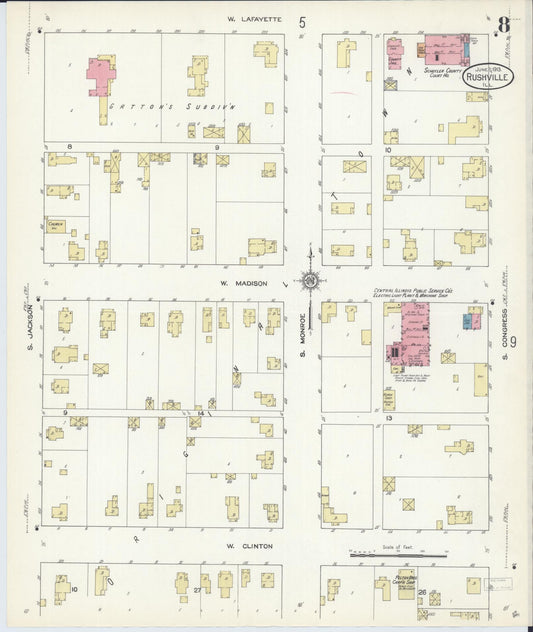 Sanborn Fire Insurance Map from Rushville, Schuyler County, Illinois (1913), Sheet #0008 - Historic Sanborn Fire Insurance Map Print, vintage old map wall art, antique decor, genealogy gift, Illinois Illinois map