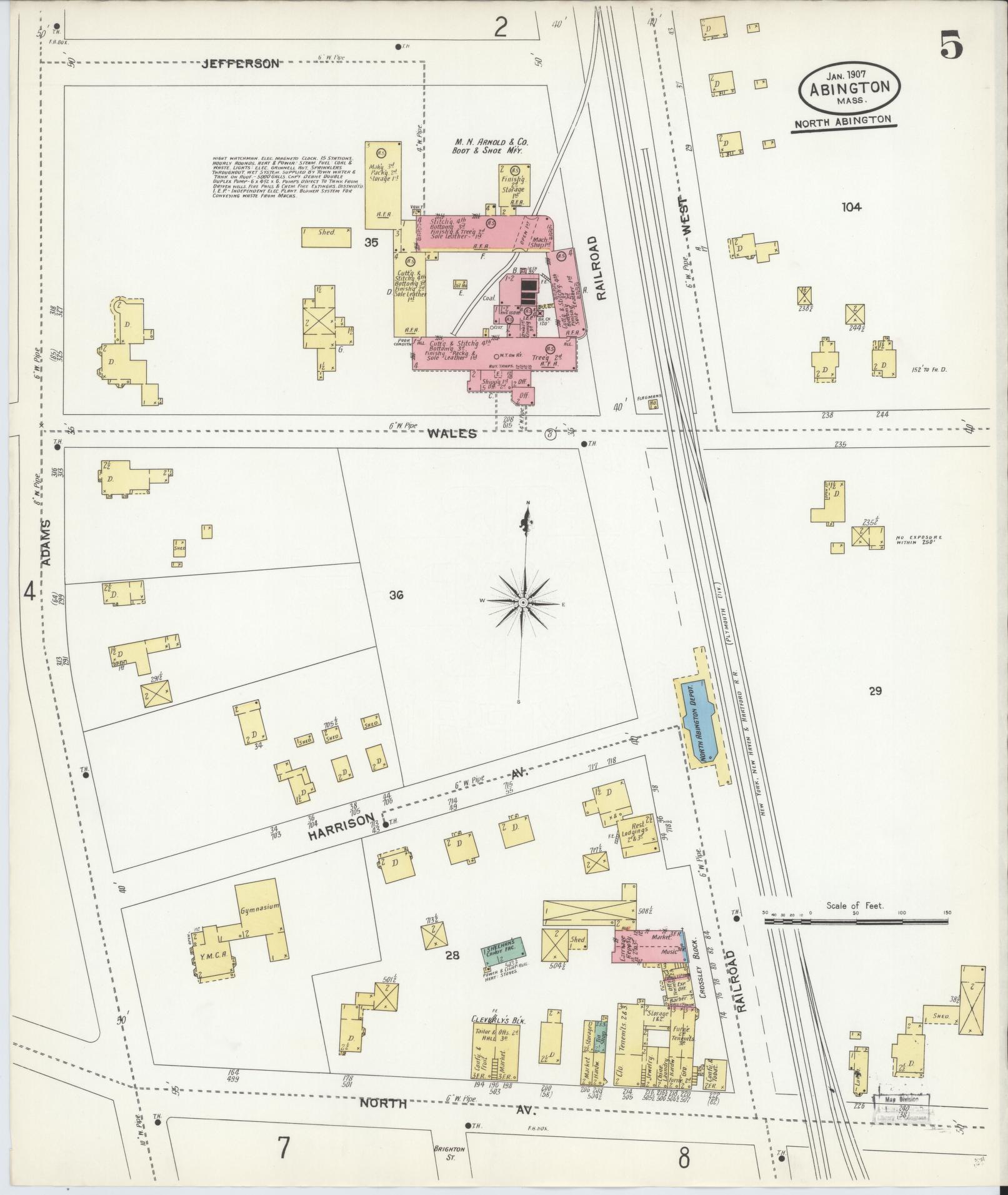 Sanborn Fire Insurance Map from Abington, Plymouth County, Massachusetts (1907), Sheet #0005 - Historic Sanborn Fire Insurance Map Print, vintage old map wall art, antique decor, genealogy gift, Massachusetts Massachusetts map