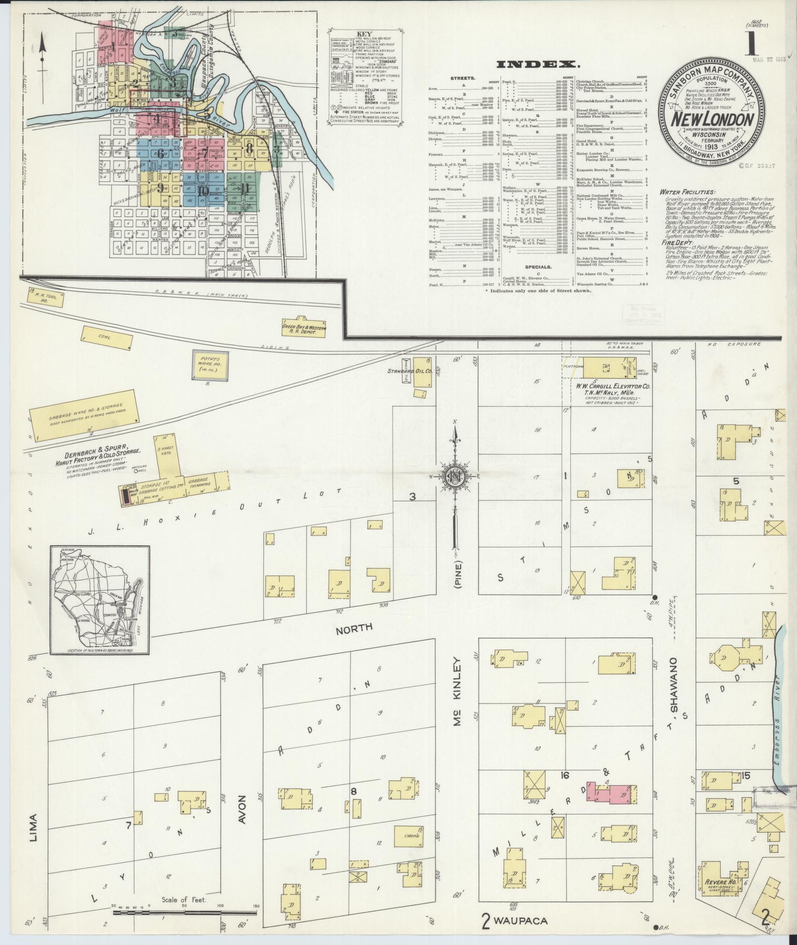Sanborn Fire Insurance Map from New London, Waupaca and Outagamie Counties, Wisconsin (1913), Sheet #0001 - Complete Map Set gallery image, historic Sanborn map, vintage wall art, Wisconsin Wisconsin
