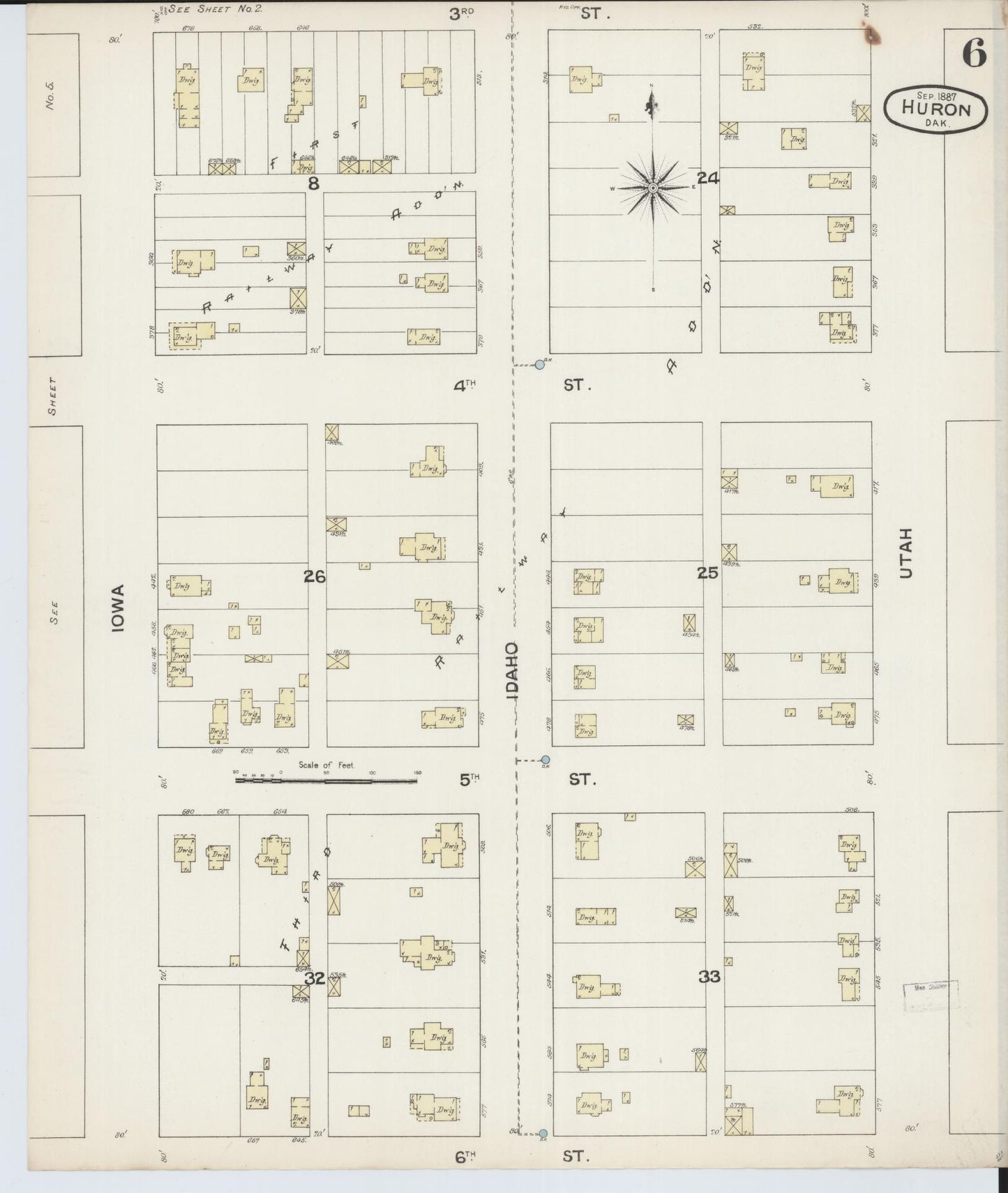Sanborn Fire Insurance Map from Huron, Beadle County, South Dakota (1887), Sheet #0006 - Complete Map Set gallery image, historic Sanborn map, vintage wall art, South Dakota South Dakota