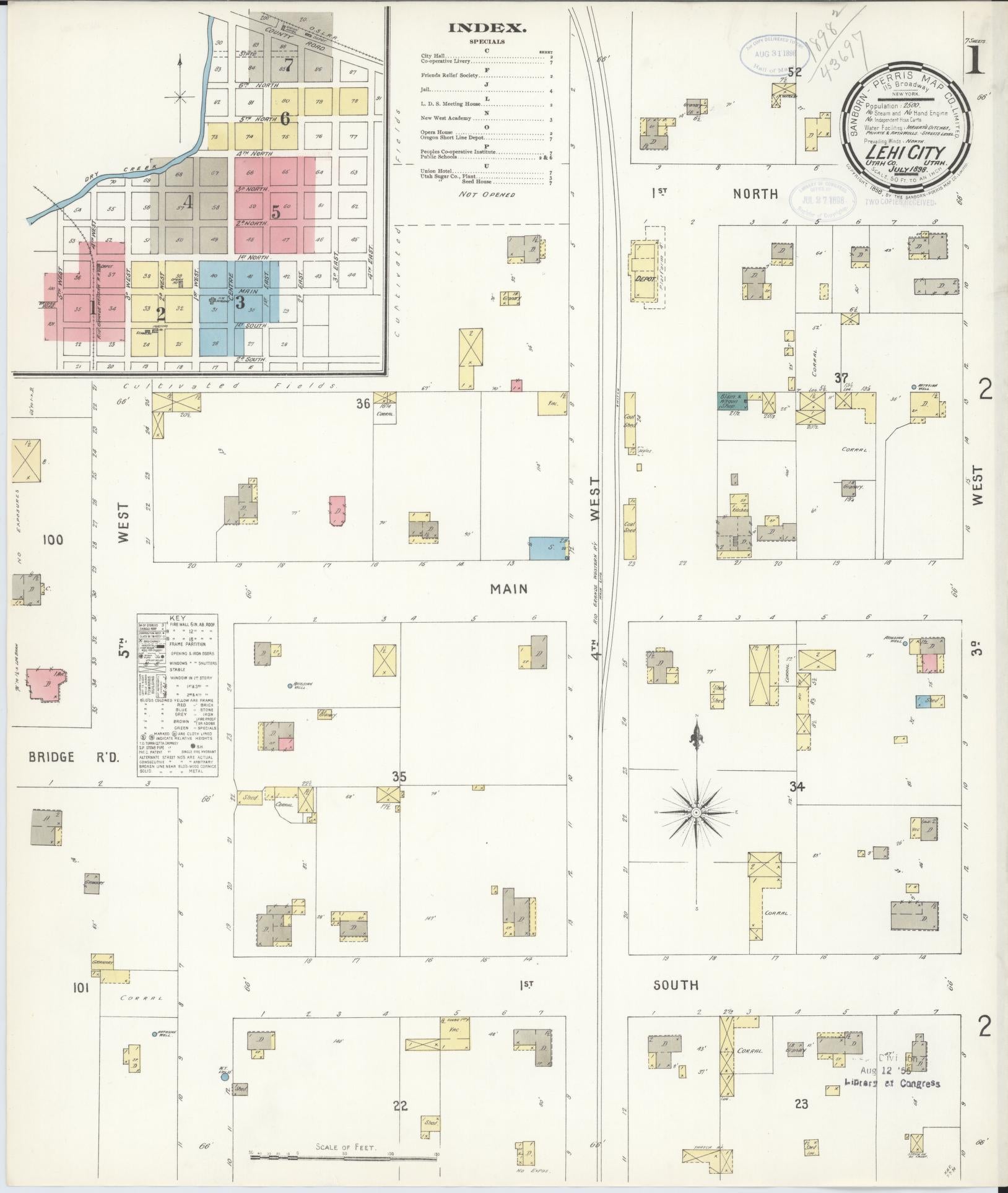 Sanborn Fire Insurance Map from Lehi, Utah County, Utah (1898), Sheet #0001 - Historic Sanborn Fire Insurance Map Print, vintage old map wall art, antique decor, genealogy gift, Lehi Utah map