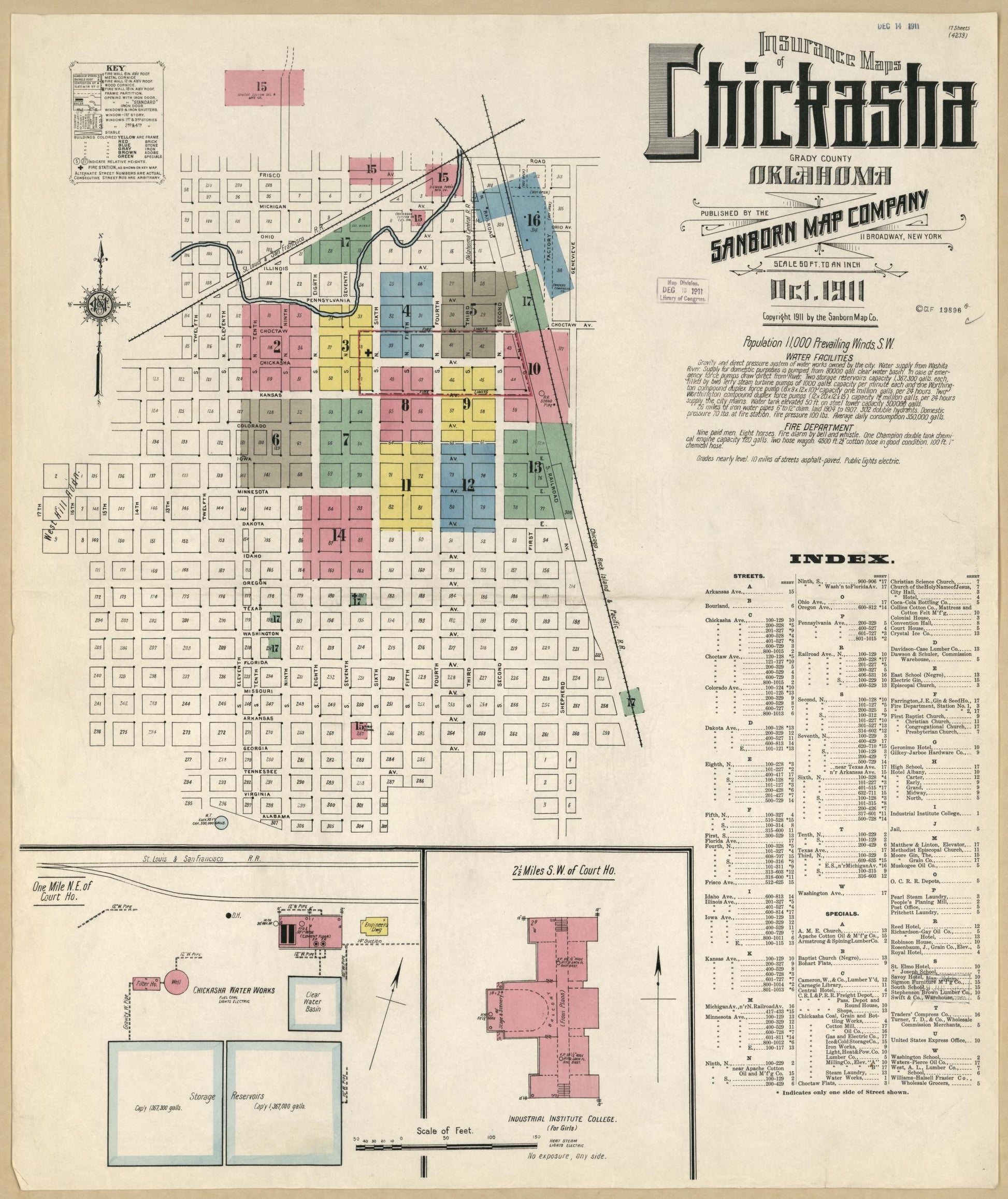Sanborn Fire Insurance Map from Chickasha, Grady County, Oklahoma (1911), Sheet #0001 - Historic Sanborn Fire Insurance Map Print, vintage old map wall art, antique decor, genealogy gift, Oklahoma Oklahoma map