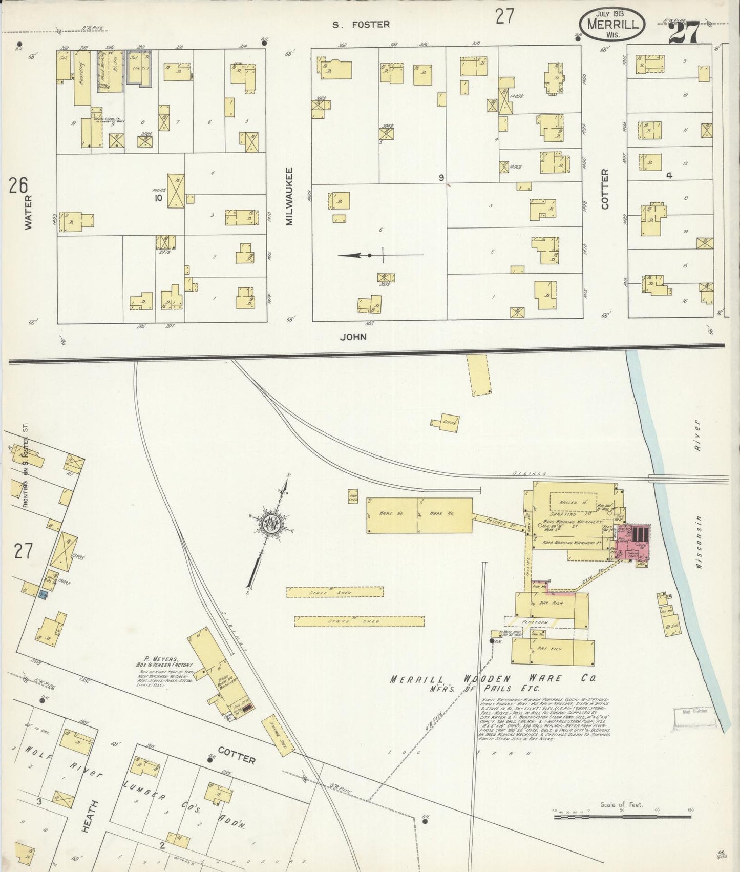 Sanborn Fire Insurance Map from Merrill, Lincoln County, Wisconsin (1913), Sheet #0027 - Complete Map Set gallery image, historic Sanborn map, vintage wall art, Wisconsin Wisconsin