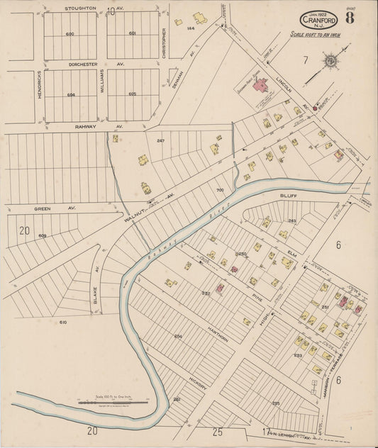 Sanborn Fire Insurance Map from Cranford, Union County, New Jersey (1922), Sheet #0008 - Historic Sanborn Fire Insurance Map Print, vintage old map wall art, antique decor, genealogy gift, New Jersey New Jersey map