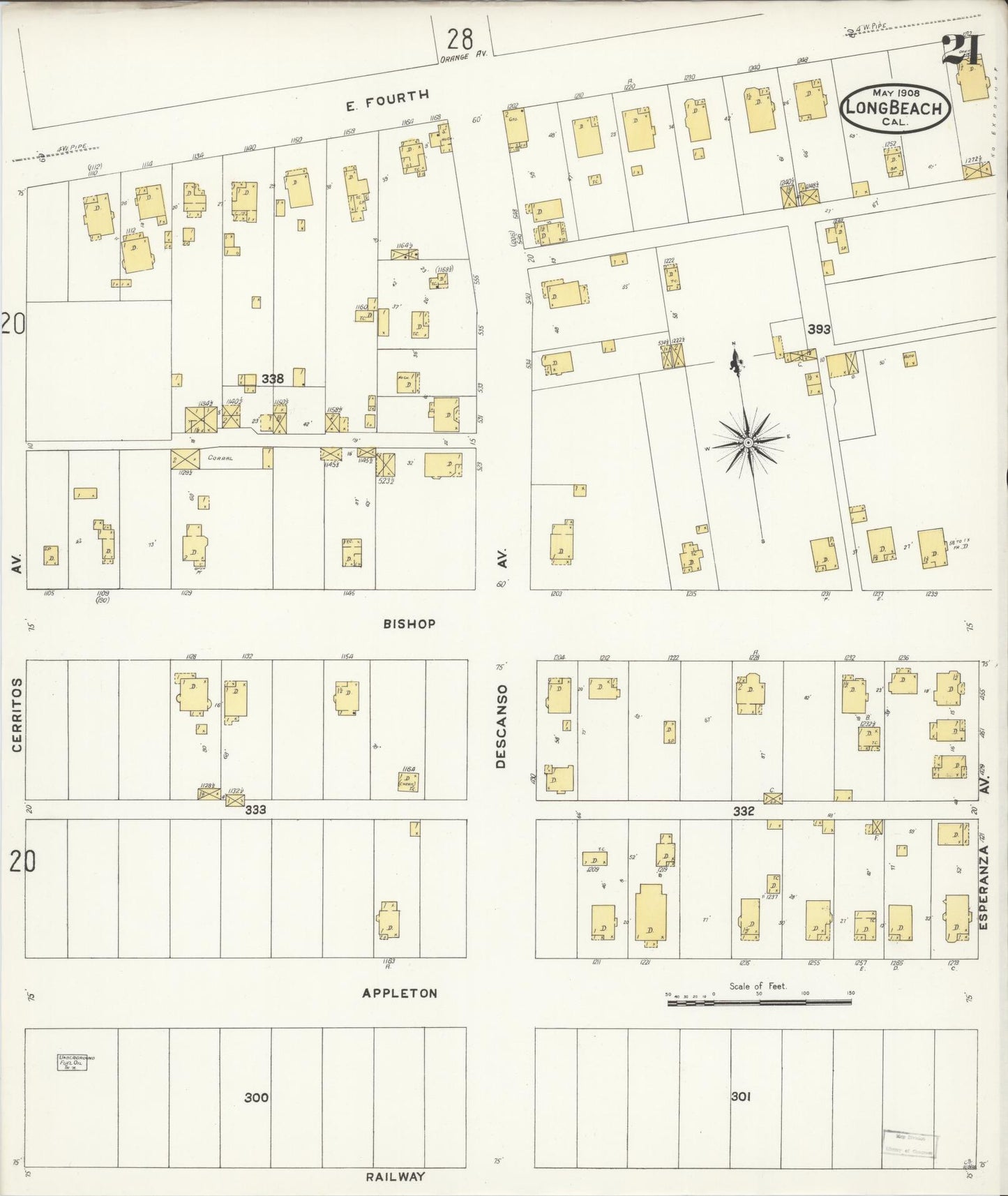 Sanborn Fire Insurance Map from Long Beach, Los Angeles County, California (1908), Sheet #0021 - Historic Sanborn Fire Insurance Map Print, vintage old map wall art, antique decor, genealogy gift, California California map