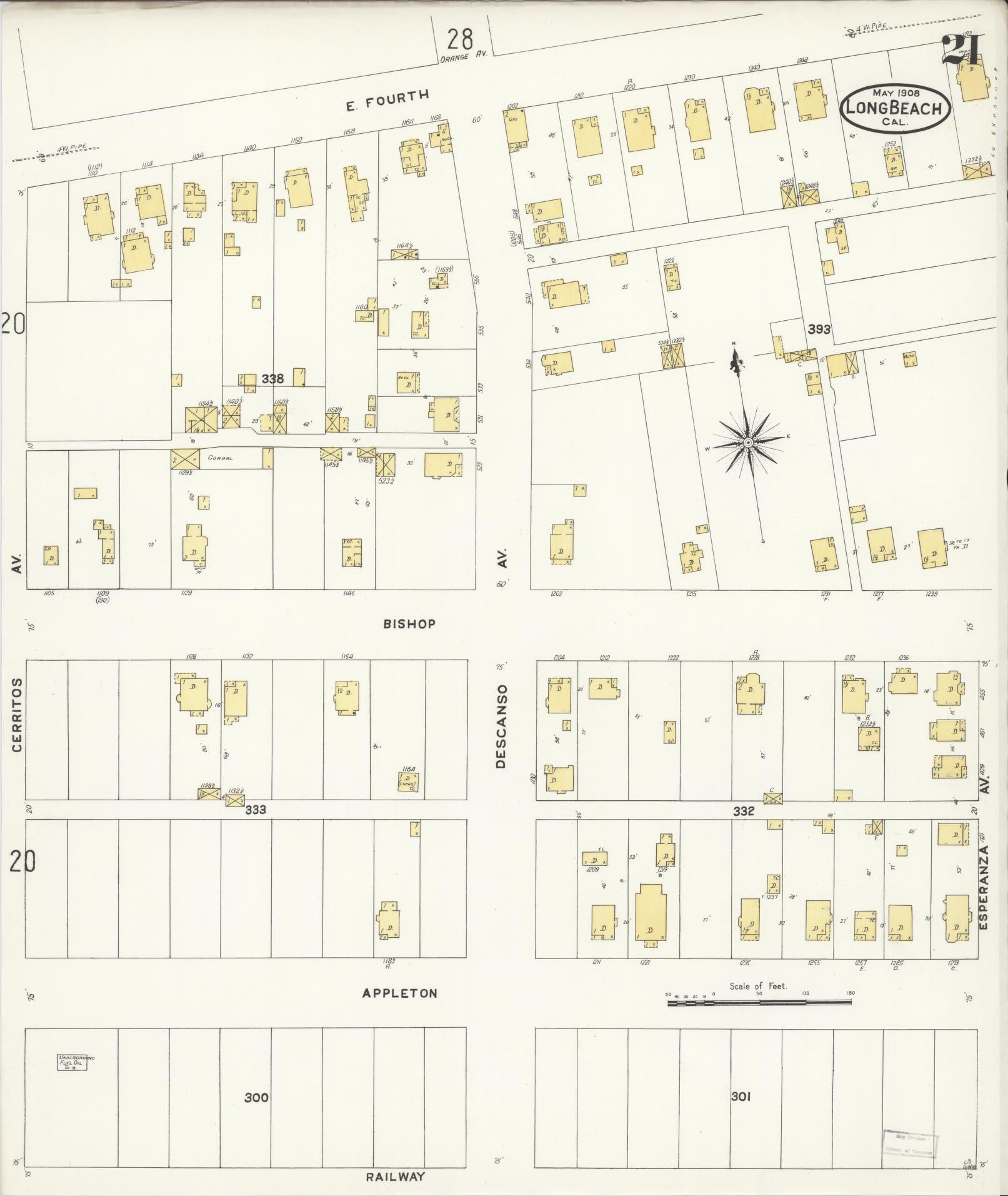 Sanborn Fire Insurance Map from Long Beach, Los Angeles County, California (1908), Sheet #0021 - Historic Sanborn Fire Insurance Map Print, vintage old map wall art, antique decor, genealogy gift, California California map
