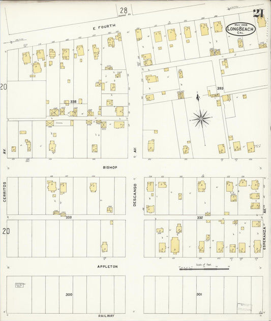 Sanborn Fire Insurance Map from Long Beach, Los Angeles County, California (1908), Sheet #0021 - Historic Sanborn Fire Insurance Map Print, vintage old map wall art, antique decor, genealogy gift, California California map