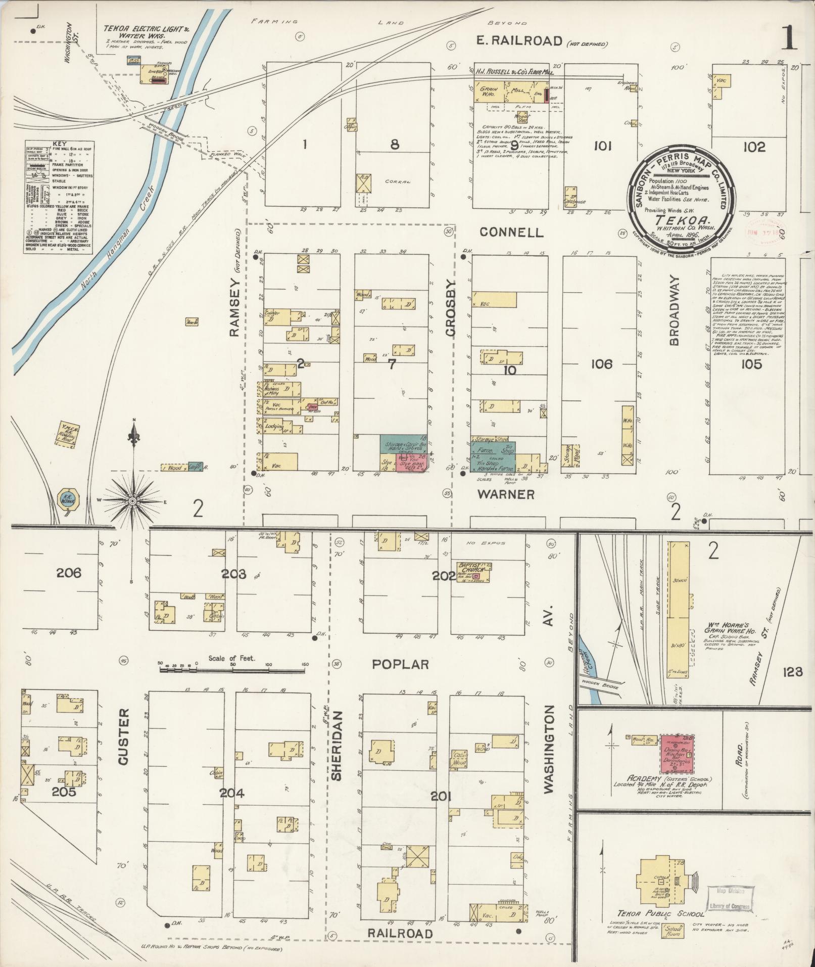 Sanborn Fire Insurance Map from Tekoa, Whitman County, Washington (1896), Sheet #0001 - Historic Sanborn Fire Insurance Map Print, vintage old map wall art, antique decor, genealogy gift, Washington Washington map