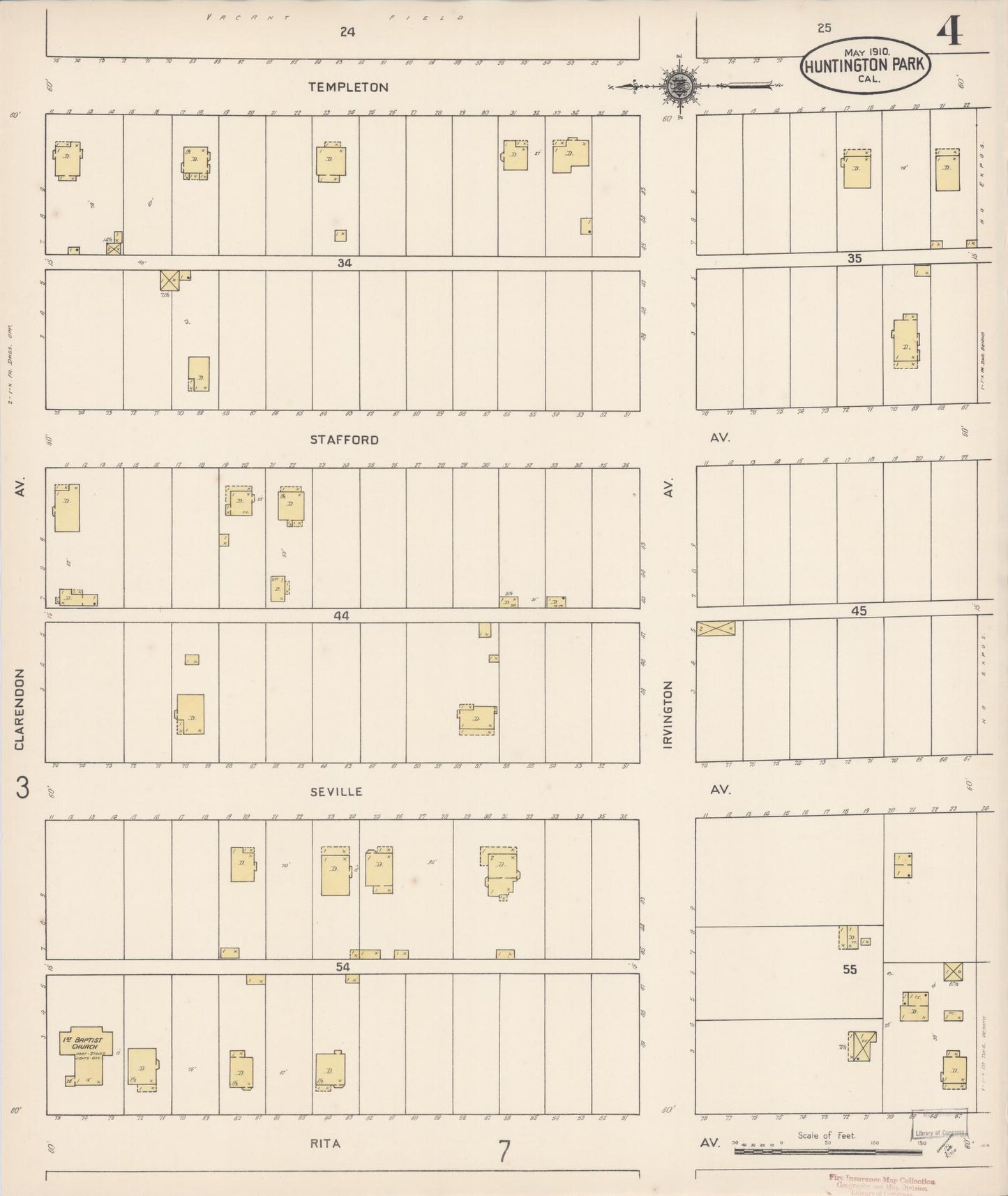 Sanborn Fire Insurance Map from Huntington Park, Los Angeles County, California (1910), Sheet #0004 - Historic Sanborn Fire Insurance Map Print, vintage old map wall art, antique decor, genealogy gift, California California map