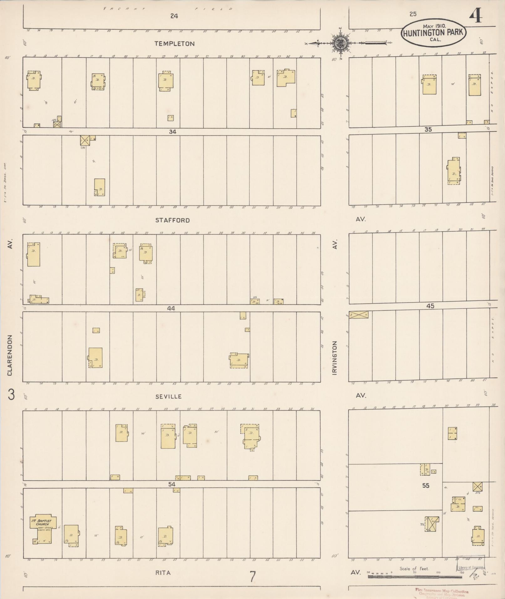 Sanborn Fire Insurance Map from Huntington Park, Los Angeles County, California (1910), Sheet #0004 - Historic Sanborn Fire Insurance Map Print, vintage old map wall art, antique decor, genealogy gift, California California map