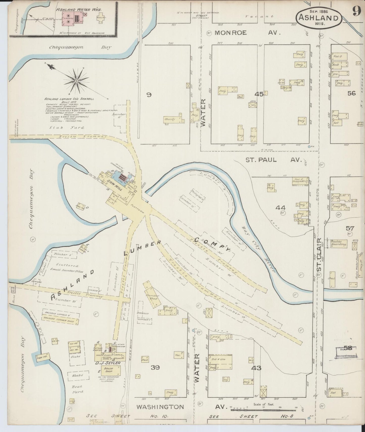 Sanborn Fire Insurance Map from Ashland, Ashland County, Wisconsin (1886), Sheet #0009 - Historic Sanborn Fire Insurance Map Print, vintage old map wall art, antique decor, genealogy gift, Wisconsin Wisconsin map