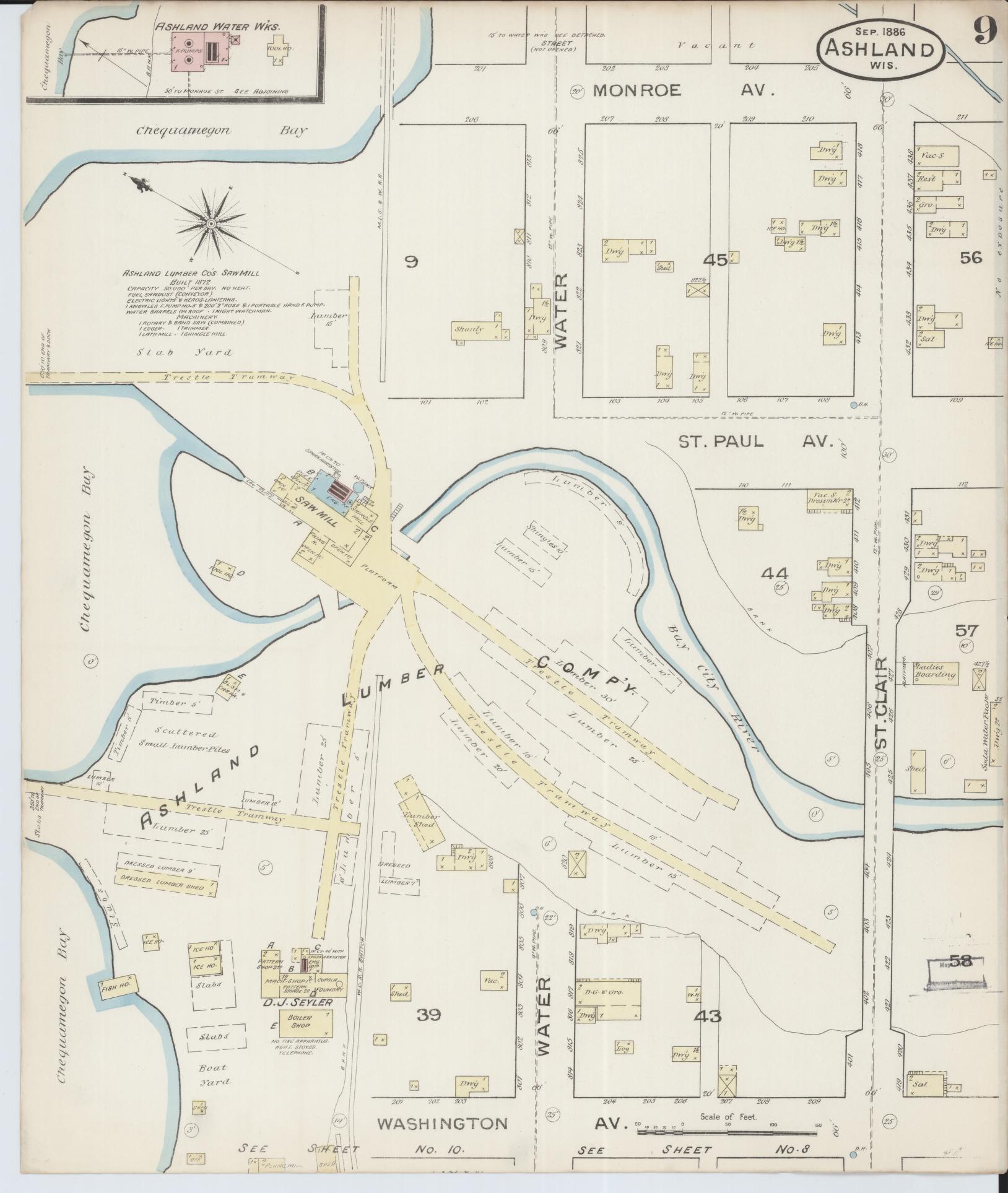 Sanborn Fire Insurance Map from Ashland, Ashland County, Wisconsin (1886), Sheet #0009 - Historic Sanborn Fire Insurance Map Print, vintage old map wall art, antique decor, genealogy gift, Wisconsin Wisconsin map