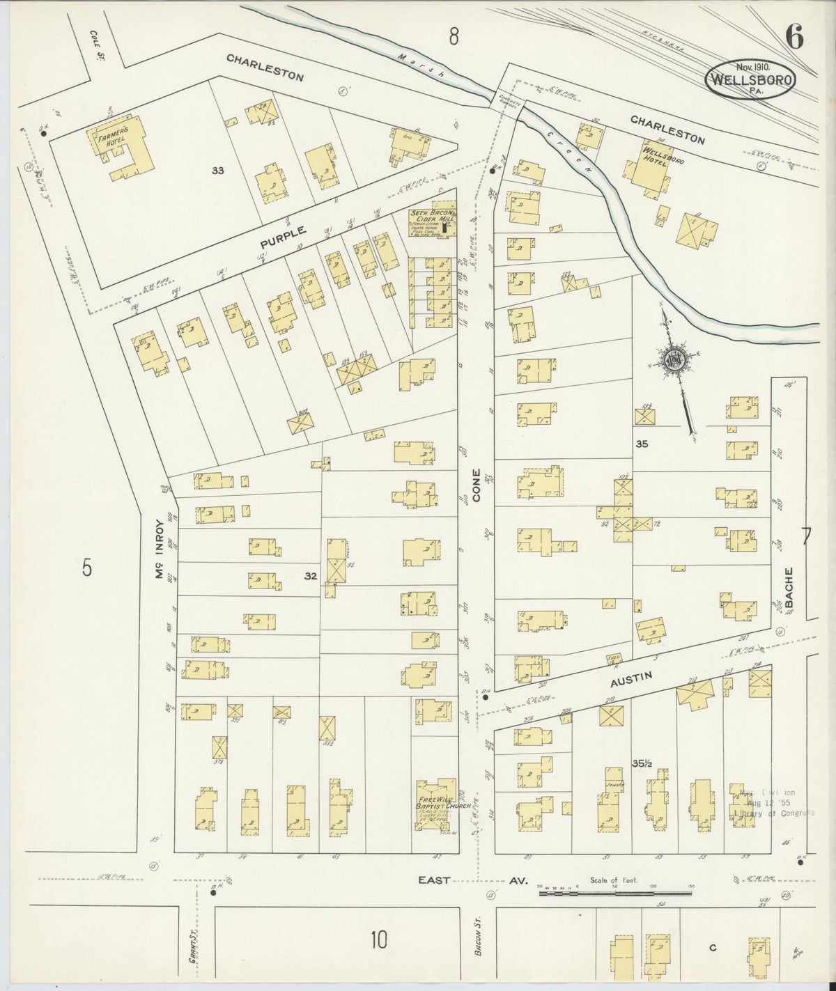 Sanborn Fire Insurance Map from Wellsboro, Tioga County, Pennsylvania (1910), Sheet #0006 - Historic Sanborn Fire Insurance Map Print, vintage old map wall art, antique decor, genealogy gift, Pennsylvania Pennsylvania map