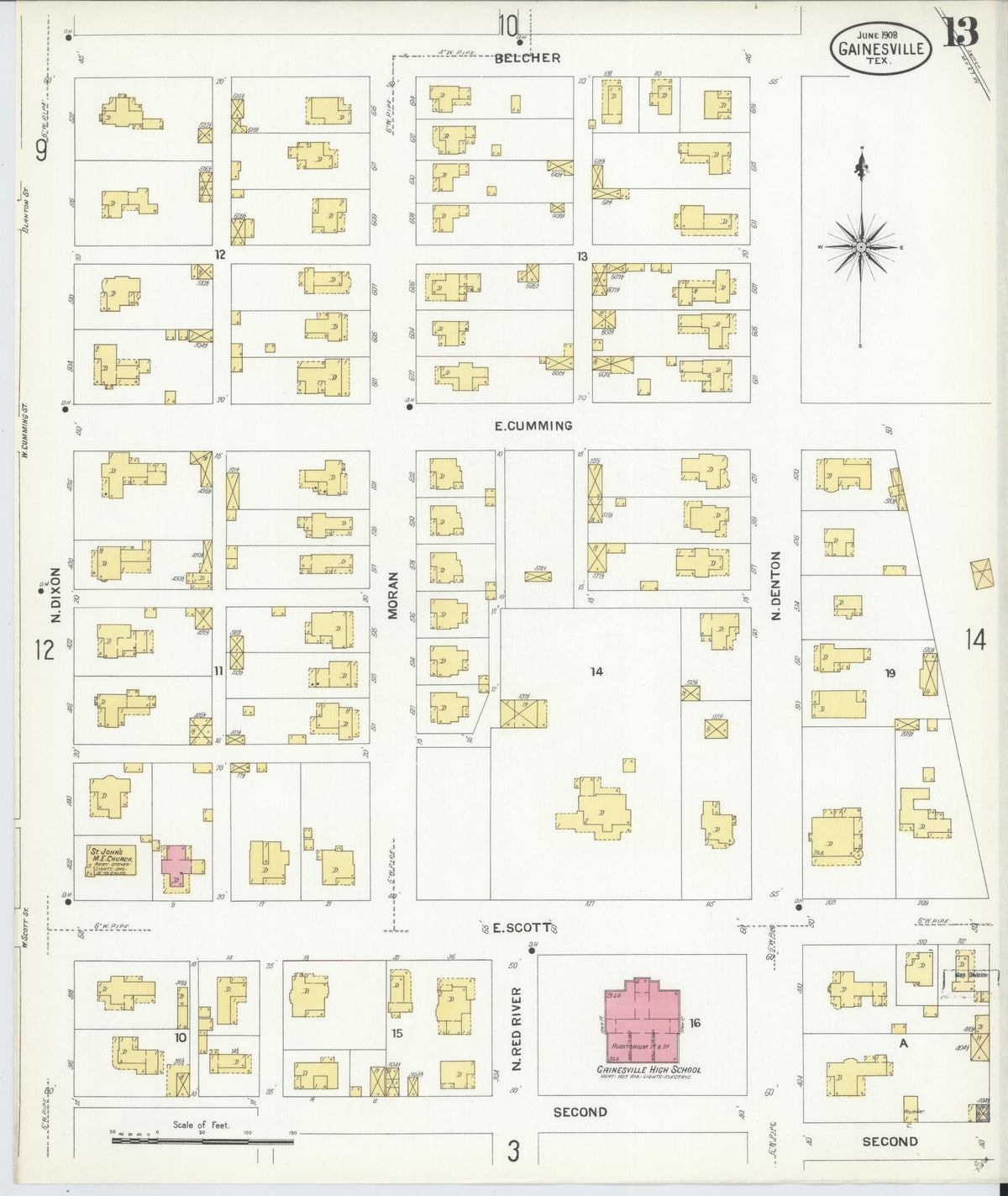 Sanborn Fire Insurance Map from Gainesville, Cooke County, Texas (1908), Sheet #0013 - Historic Sanborn Fire Insurance Map Print, vintage old map wall art, antique decor, genealogy gift, Texas Texas map