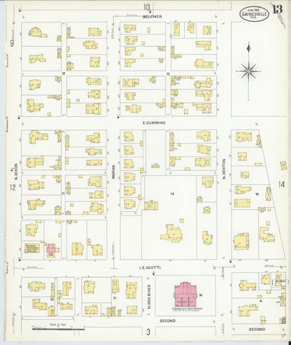 Sanborn Fire Insurance Map from Gainesville, Cooke County, Texas (1908), Sheet #0013 - Historic Sanborn Fire Insurance Map Print, vintage old map wall art, antique decor, genealogy gift, Texas Texas map