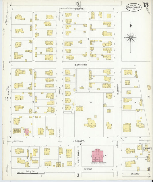 Sanborn Fire Insurance Map from Gainesville, Cooke County, Texas (1908), Sheet #0013 - Historic Sanborn Fire Insurance Map Print, vintage old map wall art, antique decor, genealogy gift, Texas Texas map