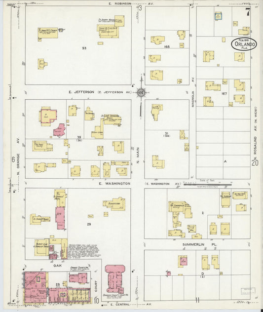 Sanborn Fire Insurance Map from Orlando, Orange County, Florida (1919), Sheet #0007 - Historic Sanborn Fire Insurance Map Print, vintage old map wall art, antique decor, genealogy gift, Florida Florida map