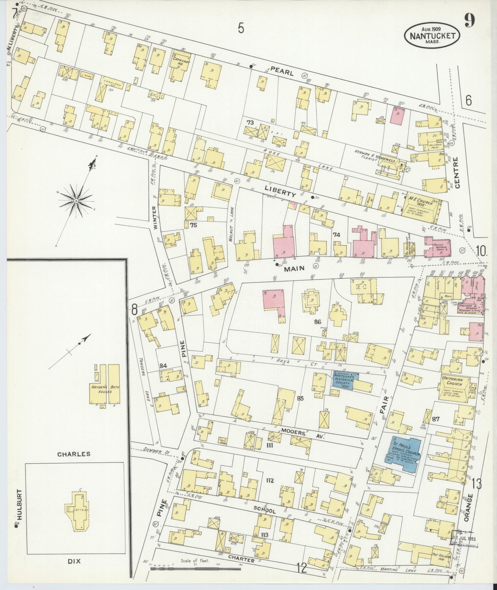 Sanborn Fire Insurance Map from Nantucket, Nantucket County, Massachusetts (1909), Sheet #0009 - Complete Map Set gallery image, historic Sanborn map, vintage wall art, Massachusetts Massachusetts