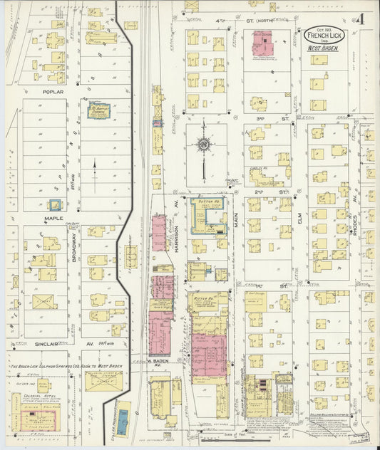 Sanborn Fire Insurance Map from French Lick, Orange County, Indiana (1913), Sheet #0004 - Historic Sanborn Fire Insurance Map Print, vintage old map wall art, antique decor, genealogy gift, Indiana Indiana map