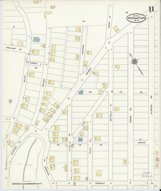 Sanborn Fire Insurance Map from Morgantown, Monongalia County, West Virginia (1911), Sheet #0011 - Historic Sanborn Fire Insurance Map Print, vintage old map wall art, antique decor, genealogy gift, West Virginia West Virginia map