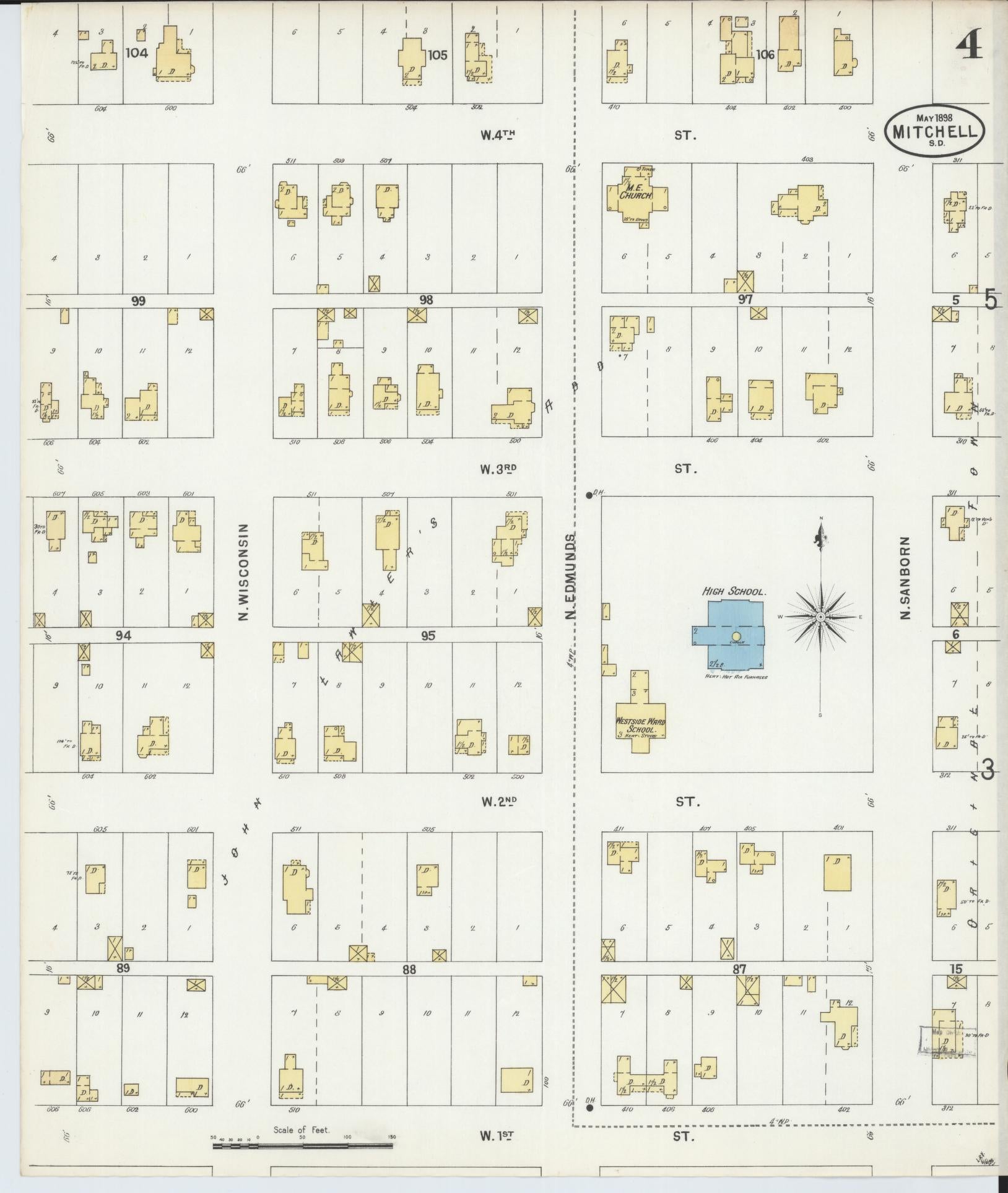 Sanborn Fire Insurance Map from Mitchell, Davison County, South Dakota (1898), Sheet #0004 - Complete Map Set gallery image, historic Sanborn map, vintage wall art, South Dakota South Dakota