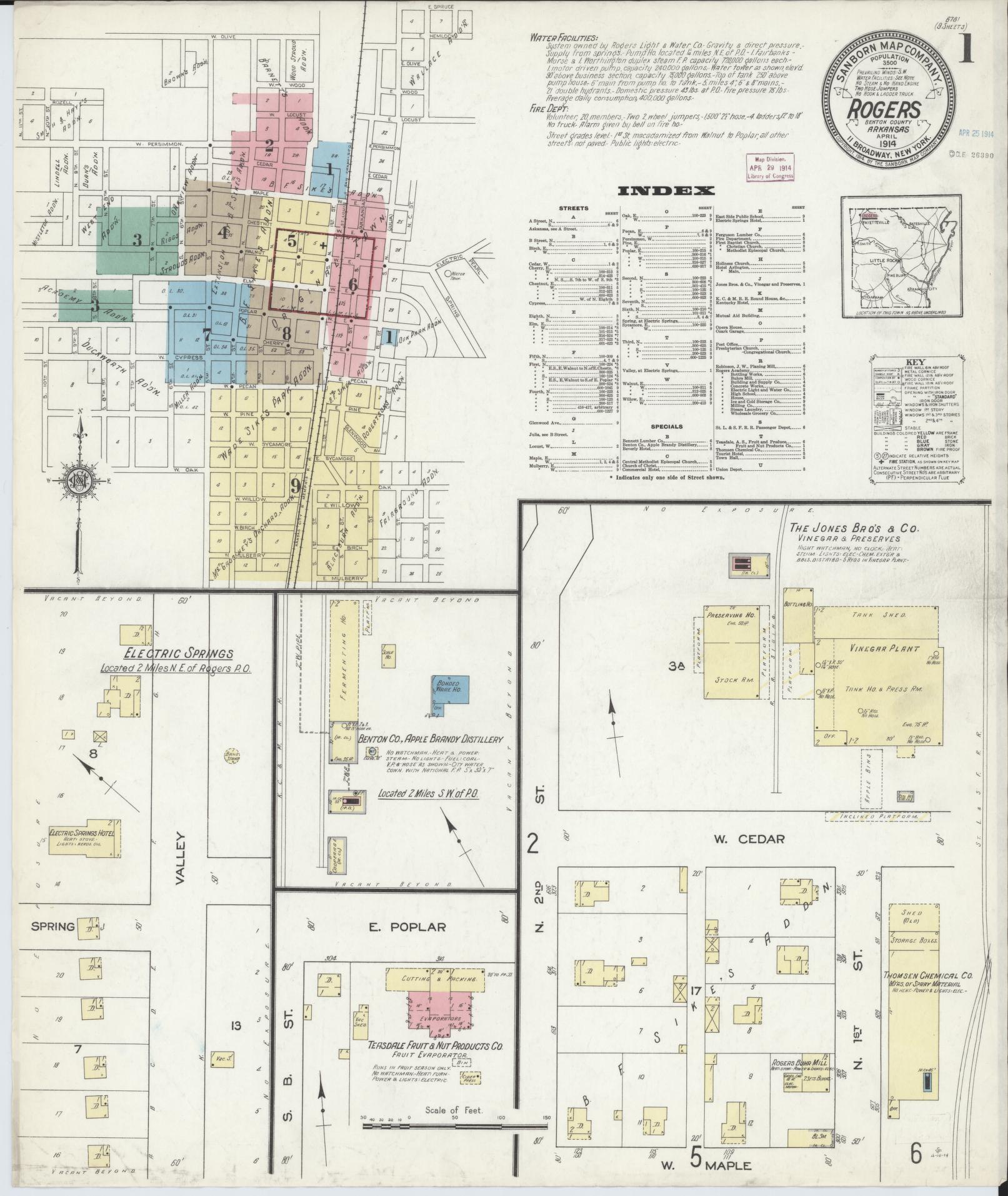 Sanborn Fire Insurance Map from Rogers, Benton County, Arkansas (1914), Sheet #0001 - Complete Map Set gallery image, historic Sanborn map, vintage wall art, Arkansas Arkansas