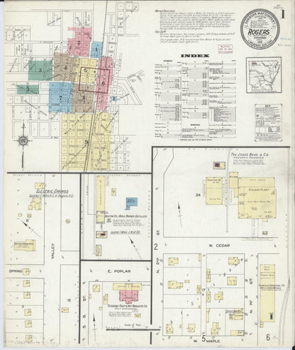 Sanborn Fire Insurance Map from Rogers, Benton County, Arkansas (1914), Sheet #0001 - Complete Map Set gallery image, historic Sanborn map, vintage wall art, Arkansas Arkansas