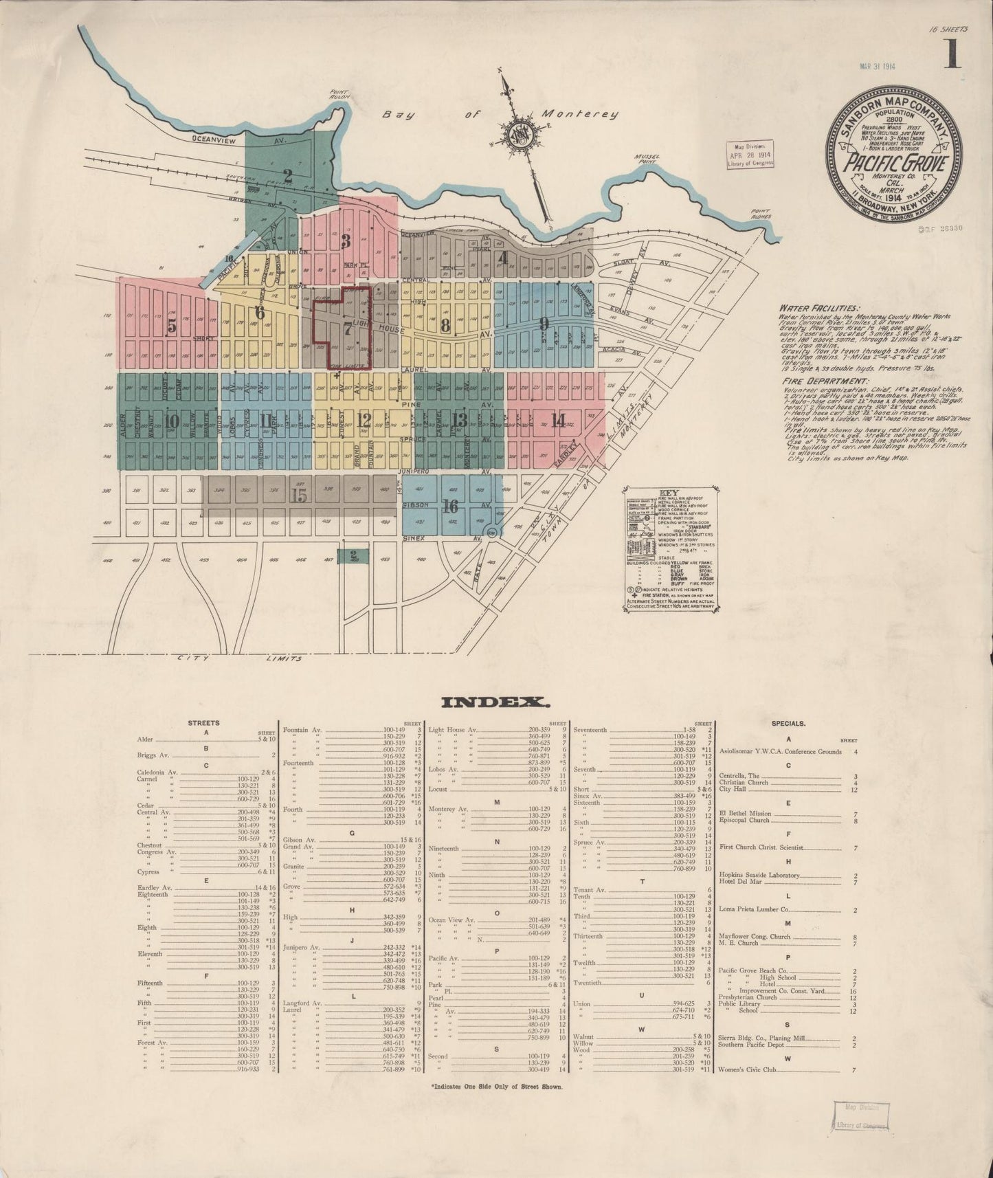 Sanborn Fire Insurance Map from Pacific Grove, Monterey County, California (1914), Sheet #0001 - Complete Map Set gallery image, historic Sanborn map, vintage wall art, California California