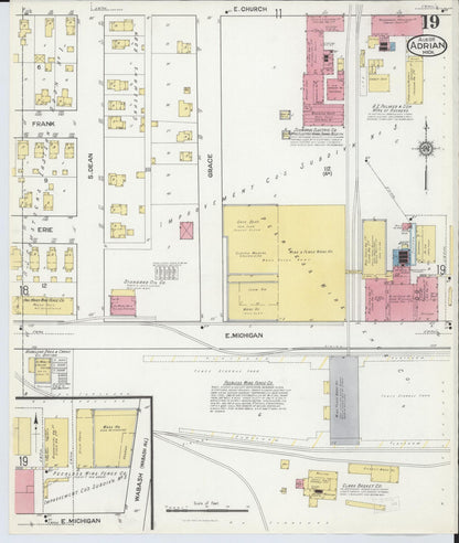 Sanborn Fire Insurance Map from Adrian, Lenawee County, Michigan (1916), Sheet #0019 - Complete Map Set gallery image, historic Sanborn map, vintage wall art, Michigan Michigan