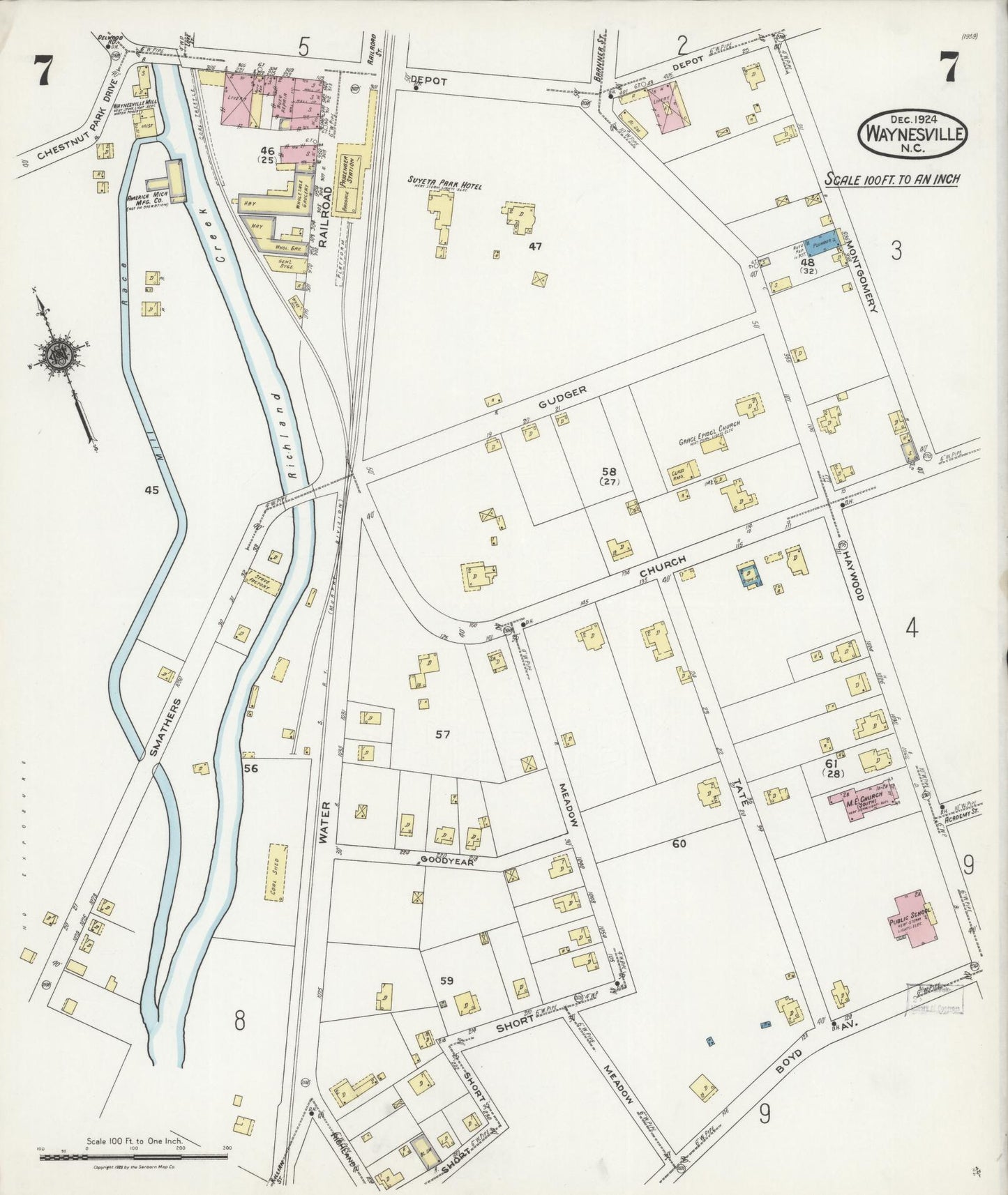 Sanborn Fire Insurance Map from Waynesville, Haywood County, North Carolina (1924), Sheet #0007 - Complete Map Set gallery image, historic Sanborn map, vintage wall art, North Carolina North Carolina