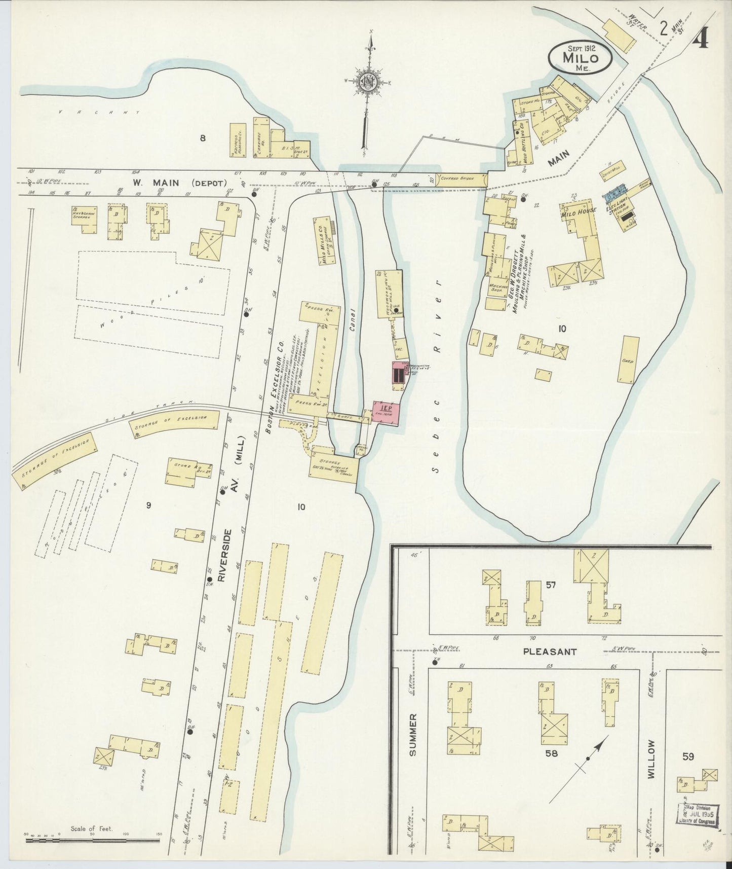 Sanborn Fire Insurance Map from Milo, Piscataquis County, Maine (1912), Sheet #0004 - Historic Sanborn Fire Insurance Map Print, vintage old map wall art, antique decor, genealogy gift, Maine Maine map