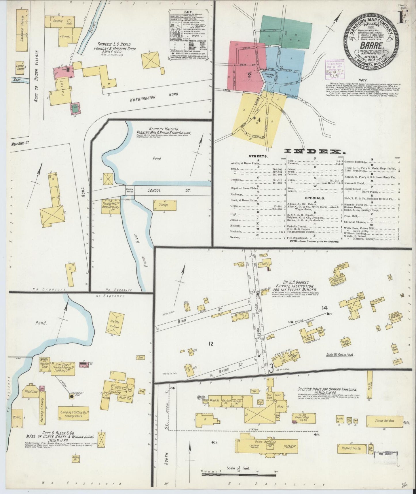 Sanborn Fire Insurance Map from Barre, Worcester County, Massachusetts (1905), Sheet #0001 - Historic Sanborn Fire Insurance Map Print, vintage old map wall art, antique decor, genealogy gift, Massachusetts Massachusetts map